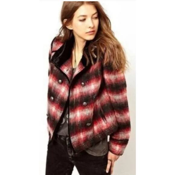 Free People Jackets & Blazers - Free People Size EST S Red Wool Jacket Plaid Military Black Velvet Trim